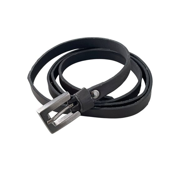 Black Leather Skinny Waist Belt M/L Adjustable Fit Silver Buckle Business Casual - Picture 1 of 7